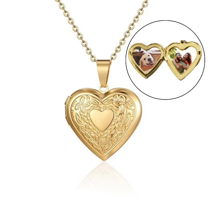 GENERICO - Collar Medallón Relicario Corazón Memory Dorado Portafotografia Enchapado en oro de 18k