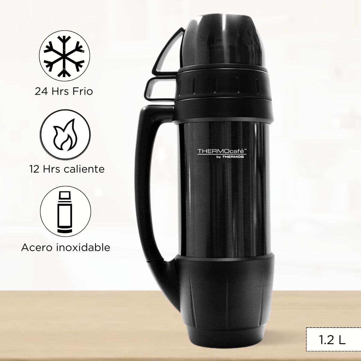 THERMOS - Termo de Bebida con 2 Taza 1.2 Lt Negro