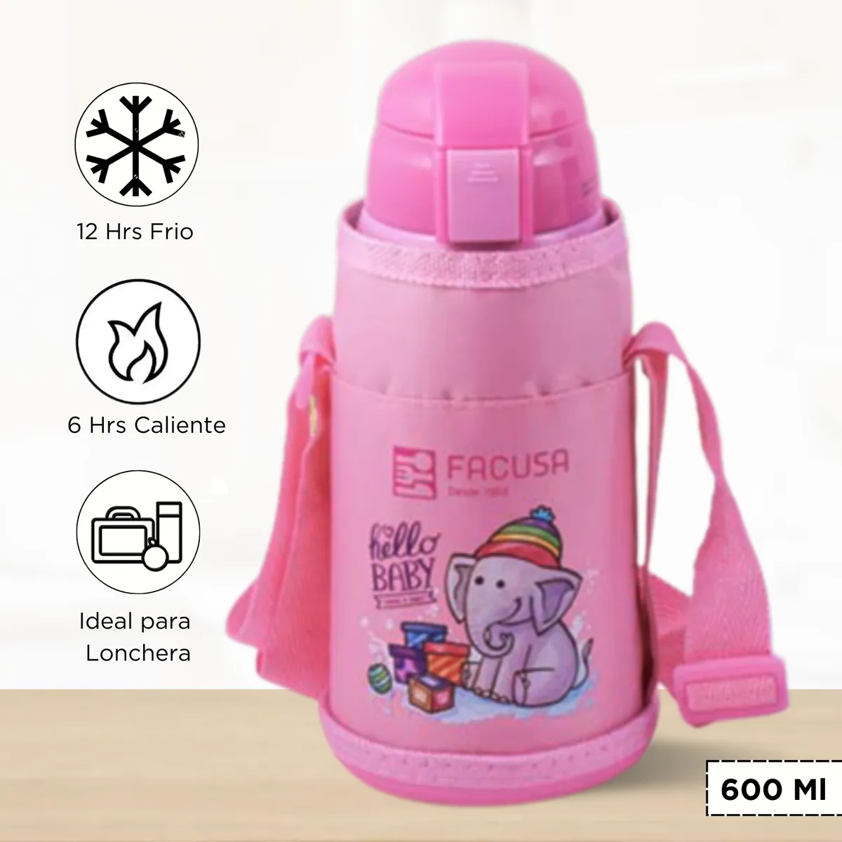 FACUSA - Termo de Bebida Para Niños Hello Baby Rosado 600 Ml