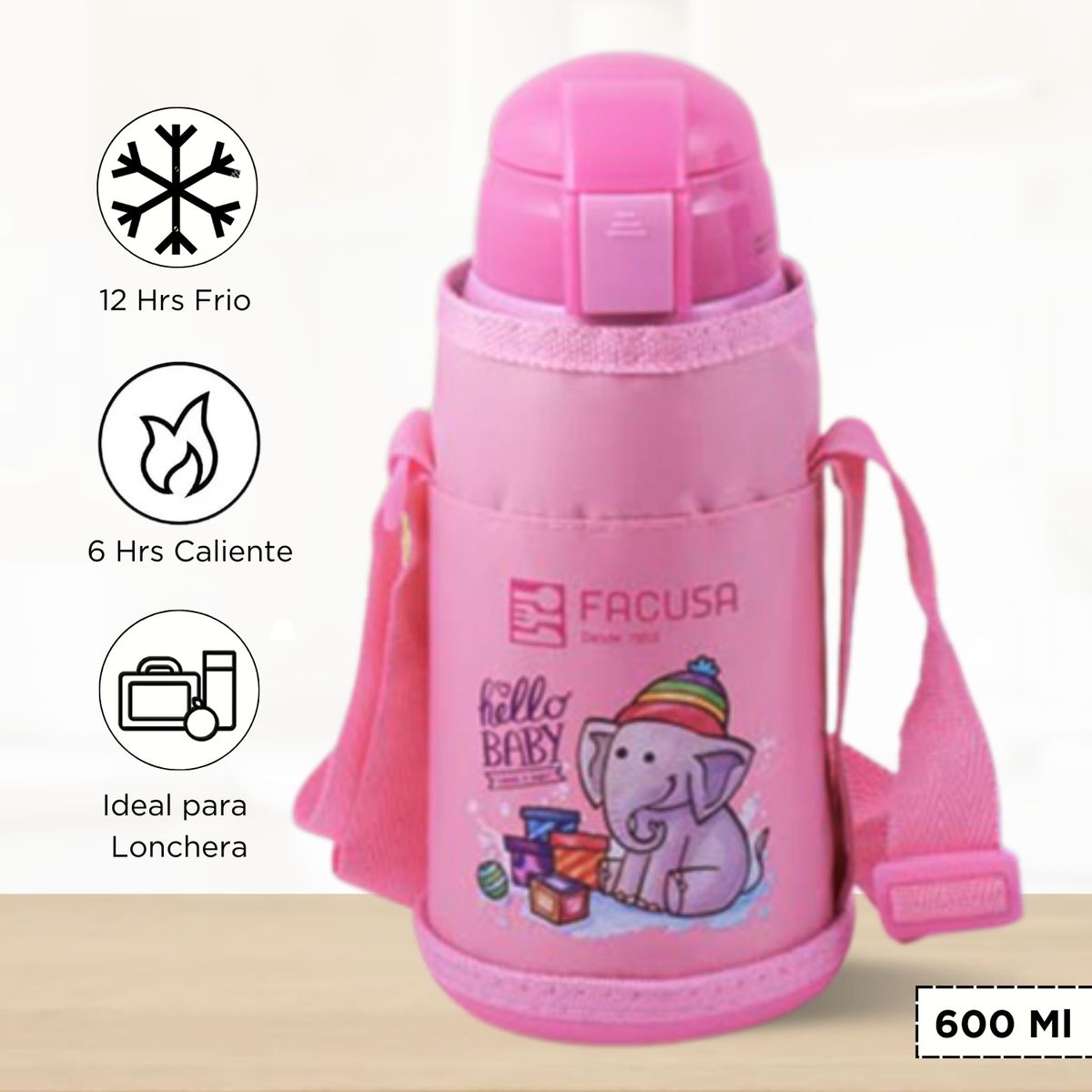FACUSA - Termo de Bebida Para Niños Hello Baby Rosado 600 Ml