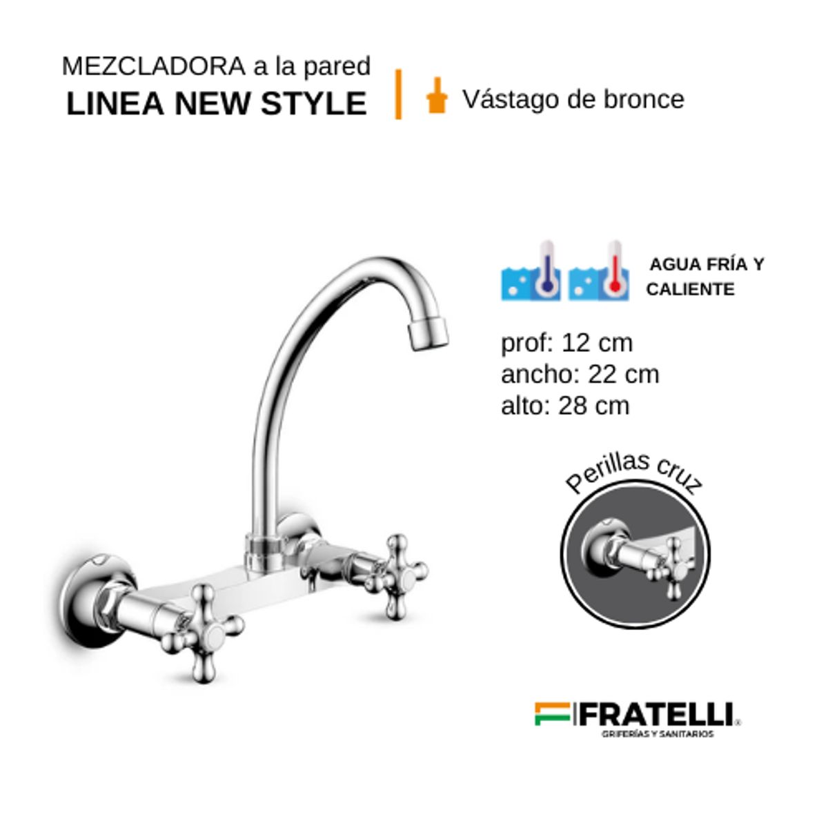 FRATELLI - GRIFO MEZCLADORA DE COCINA DE PARED LLAVE ESTRELLA CROMADO