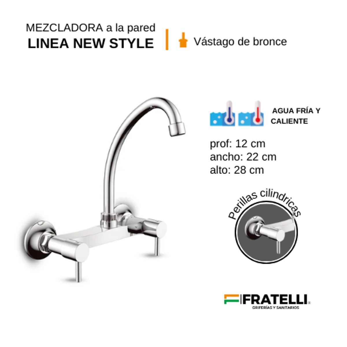 FRATELLI - GRIFO MEZCLADORA DE COCINA DE PARED LLAVE CILINDRICA CROMADO
