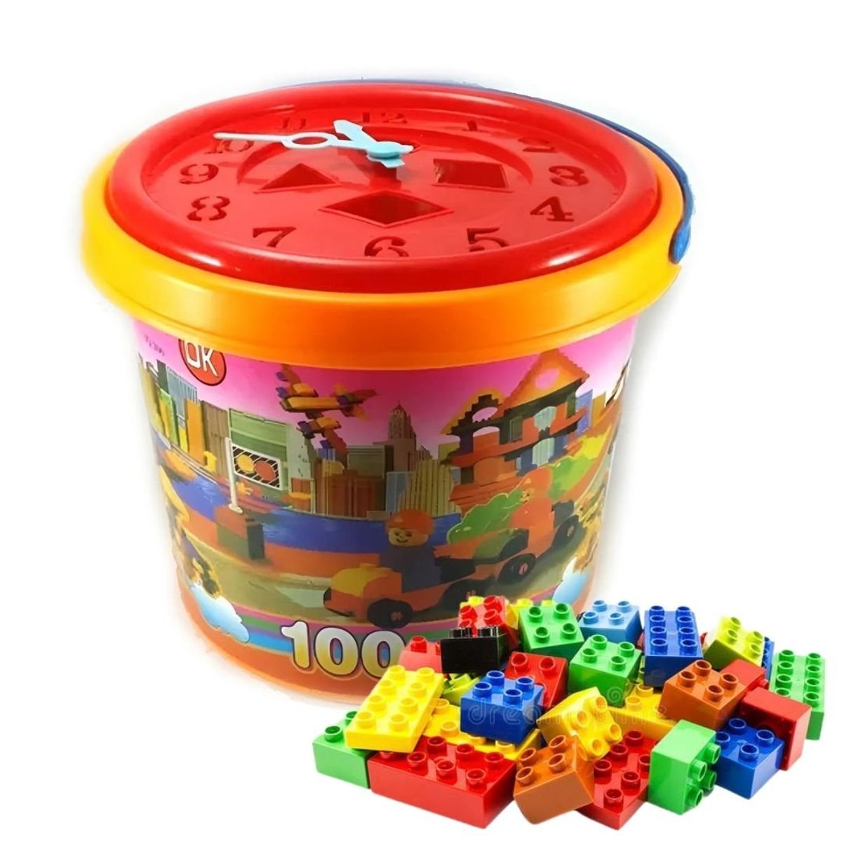 GENERICO - Balde Creativo con Bloques de Construcción Coloridos y Tapa Reloj para Niños -100 pcs