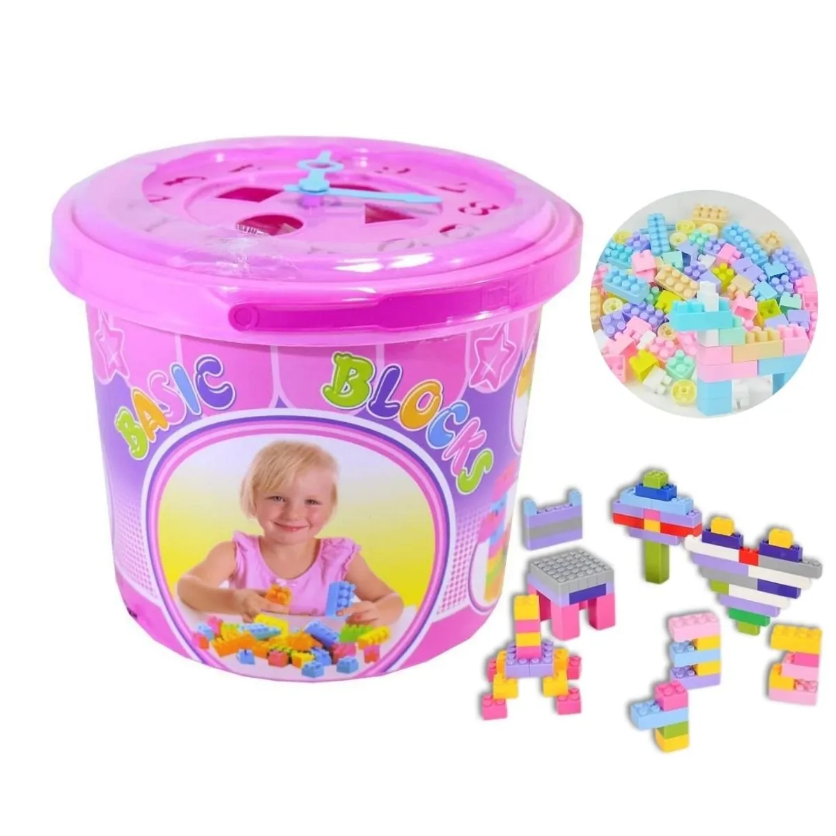 GENERICO - Balde Rosa Con Bloques 100Pzas y Tapa de Reloj para Niñas