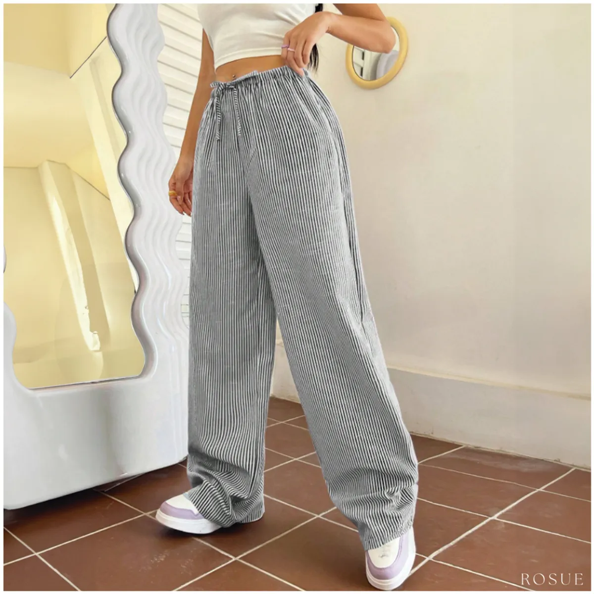 ROSUE - Pantalon rayas de Lino holgado