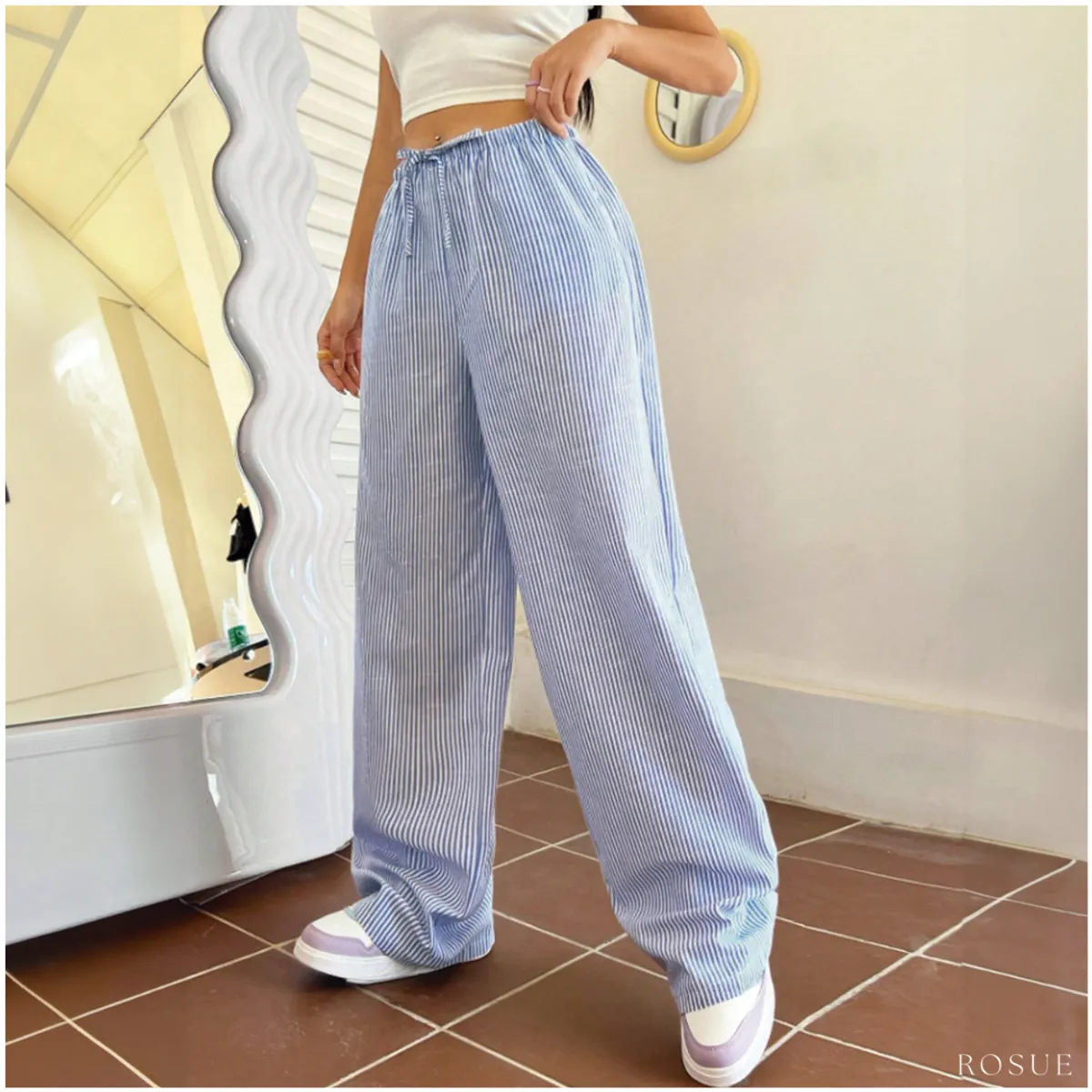 ROSUE - Pantalon rayas de Lino holgado