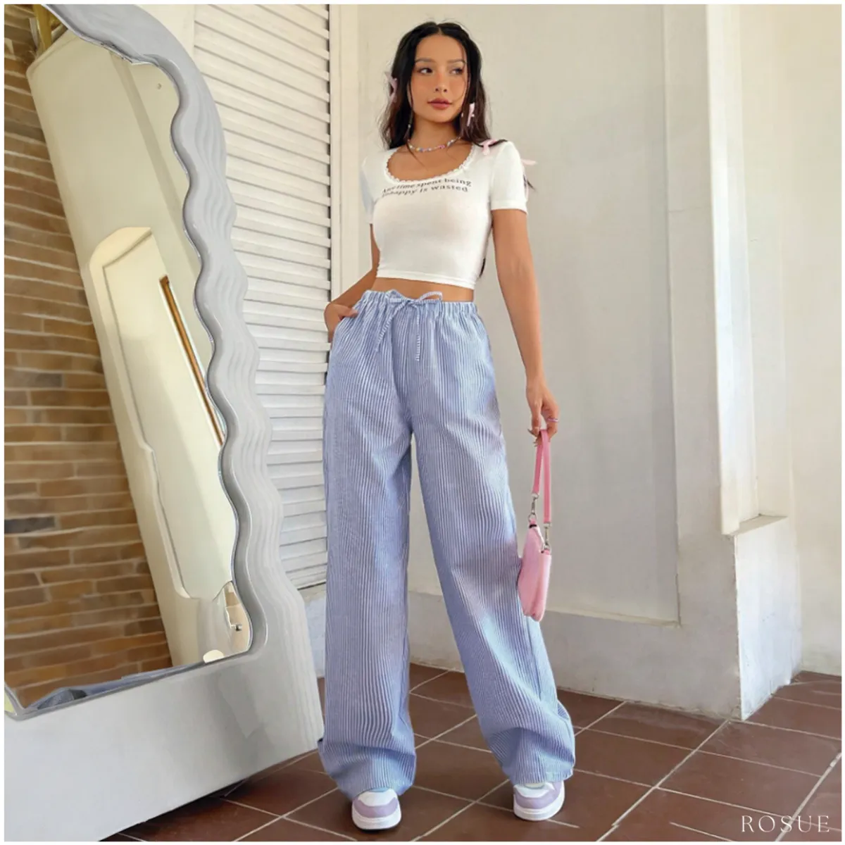 ROSUE - Pantalon rayas de Lino holgado