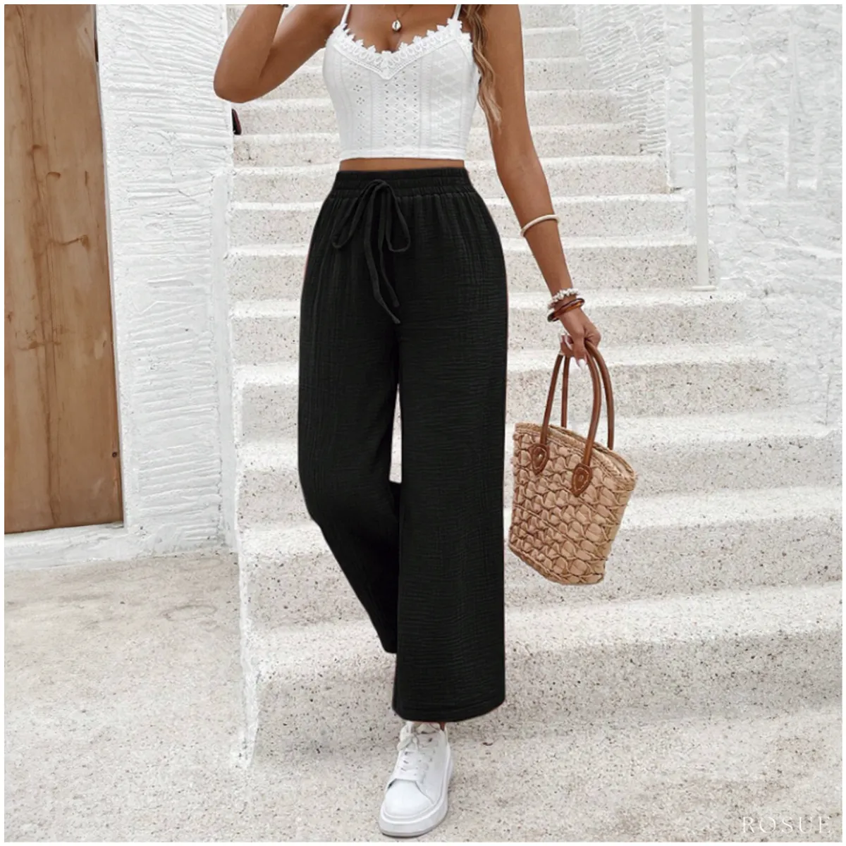 ROSUE - Pantalon holgado Waffer casual mujer