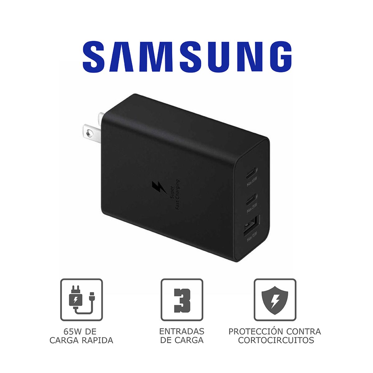 SAMSUNG - Cargador de Pared 3 puertos Carga Rapida (65w) 5v USB-C X2-USB-A Negro