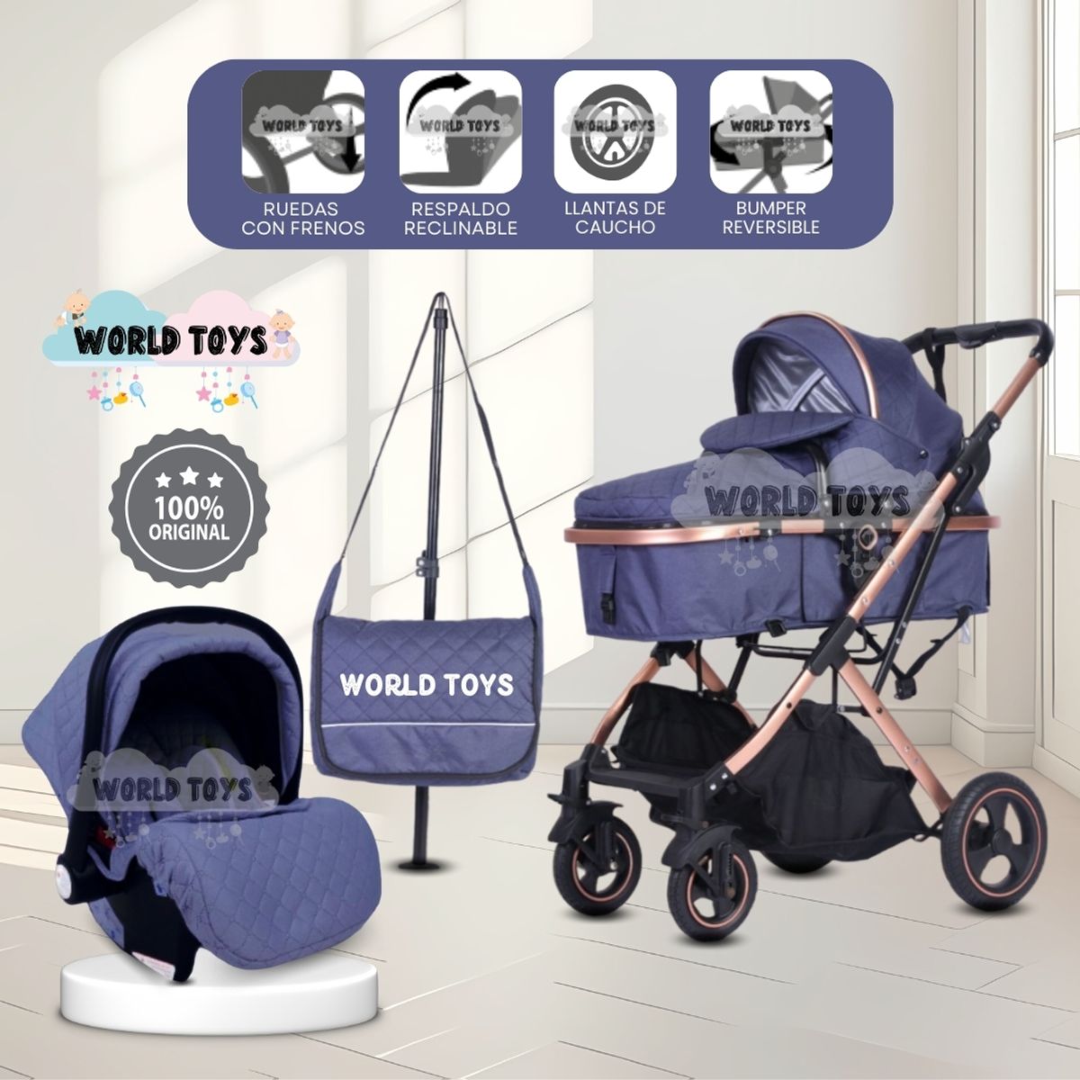 BABY - Coche Moisés 4 en 1 «EKATER» con Portabebé Blue