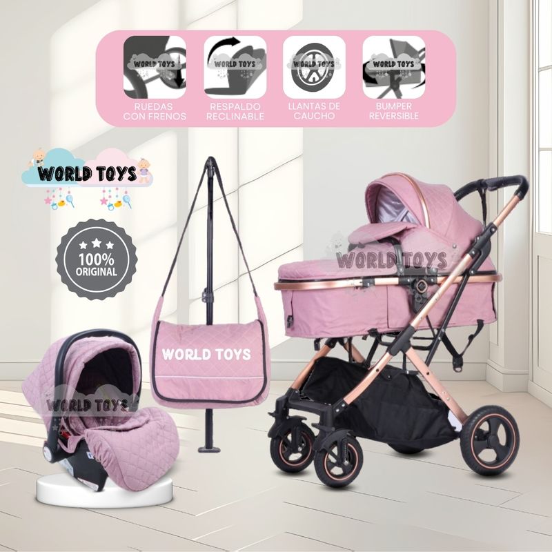 BABY - Coche Moisés 4 en 1 «EKATER» con Portabebé Pink