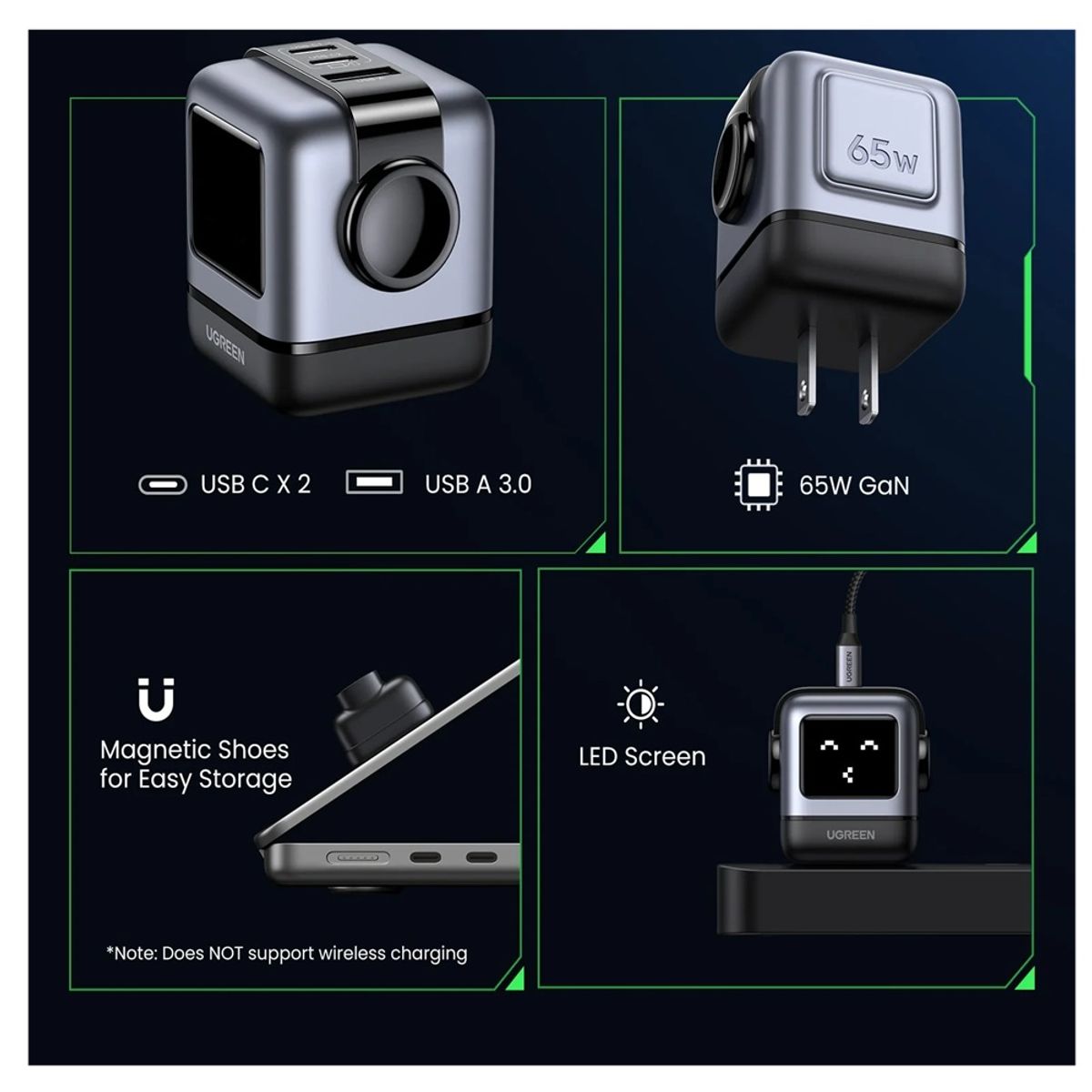 UGREEN - Cargador UGREEN Uno RG 65W 2USB C y 1USB A - Negro