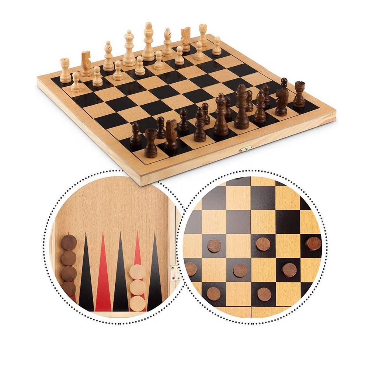 GENERICO - Juego De Ajedrez Con Fichas y Tablero De Madera 3 en 1