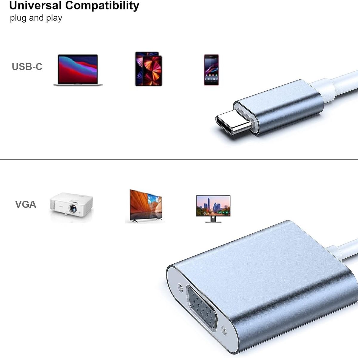 OEM - Convertidor Adaptador Tipo C a Vga full HD 60Hz de aluminio
