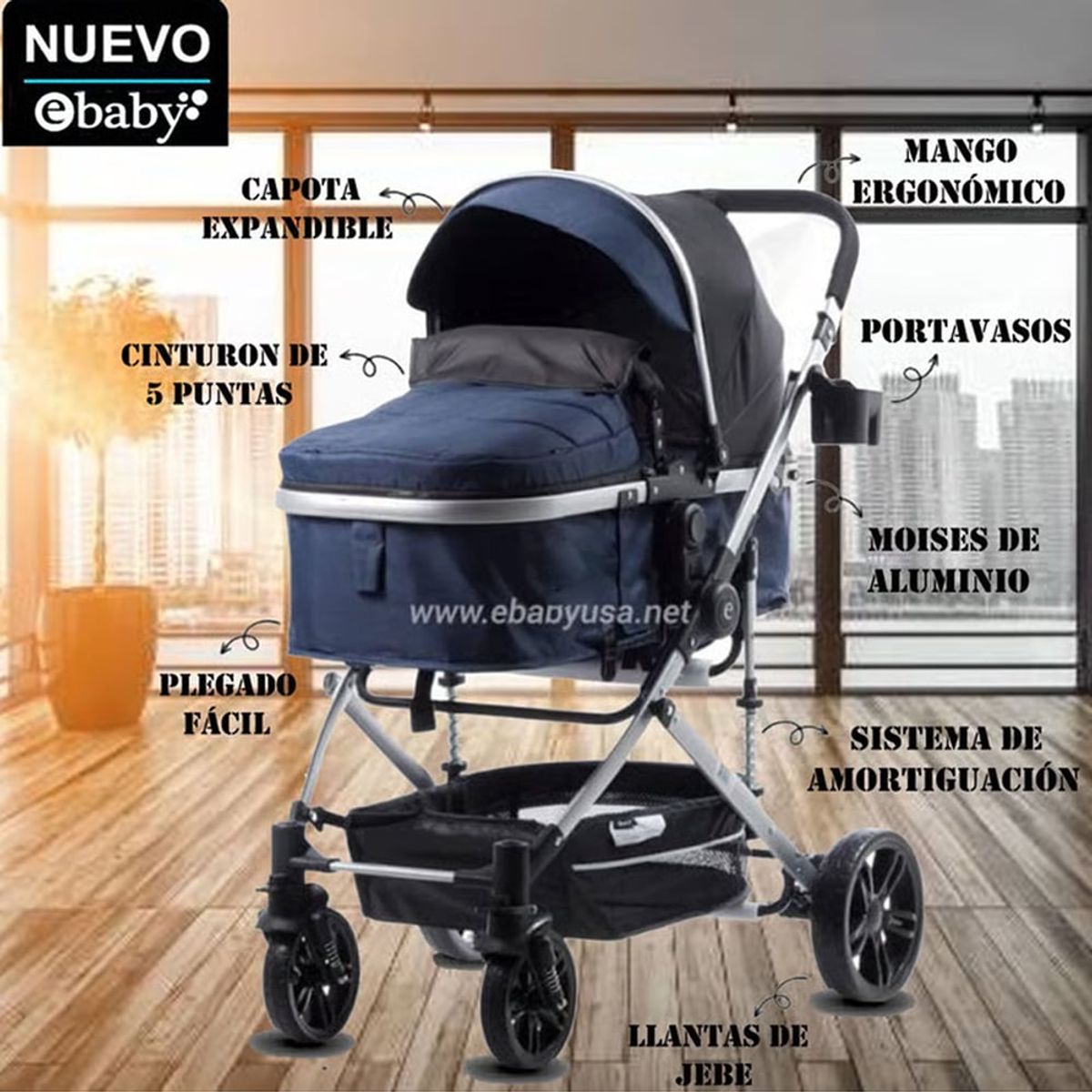 EBABY - Coche Cuna Moisés de Lujo BIGI Azul