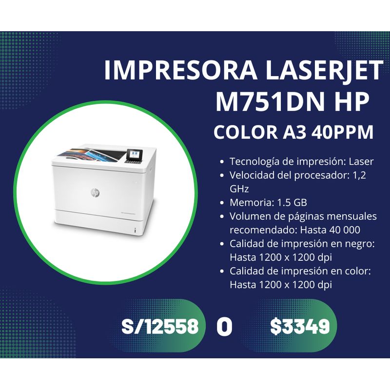 IMPRESORA HP LASERJET ENTERPRISE M751DN COLOR A3 40PPM HP | falabella.com