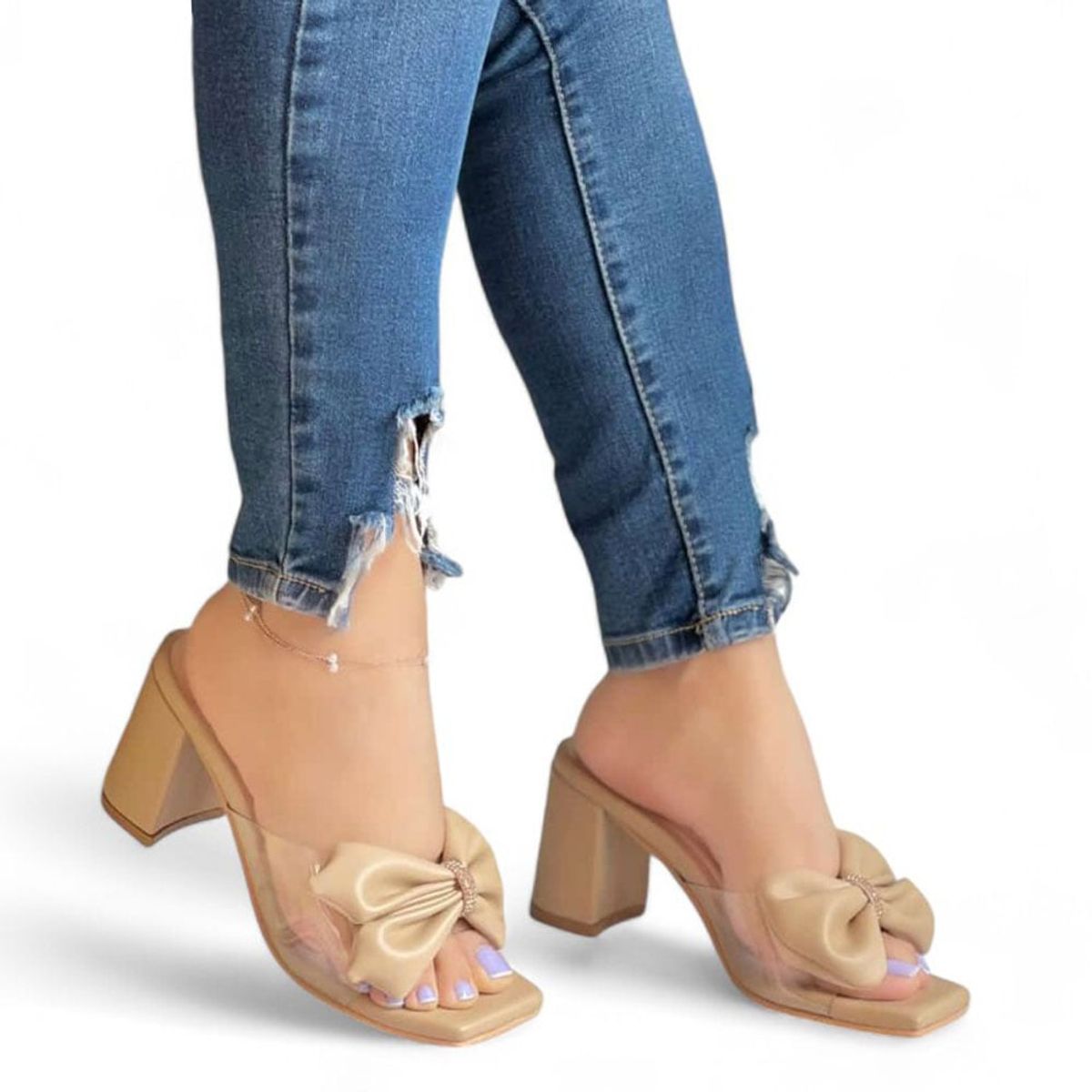 GENERICO - Sandalia Mujer Tacon Con Lazo Taco 7 1177 5C-58 Color Beige