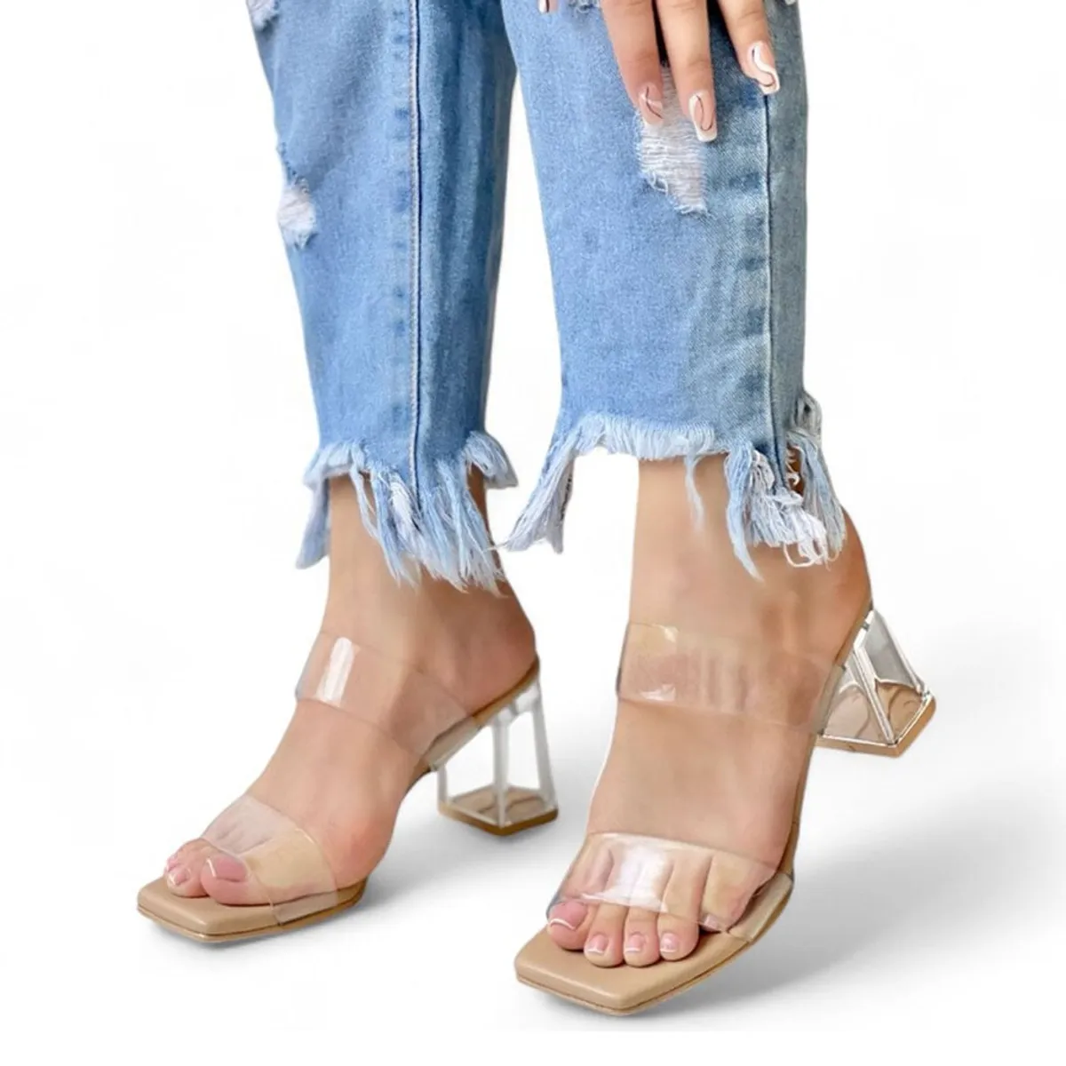 GENERICO - Sandalia Mujer Traslucido Taco 7 1177 5C-65 Acrilicos Color Beige