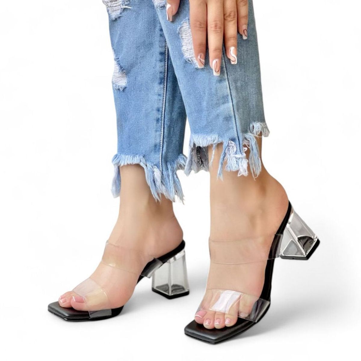 GENERICO - Sandalia Mujer Traslucido Taco 7 1177 5C-65 Acrilicos Color Negro