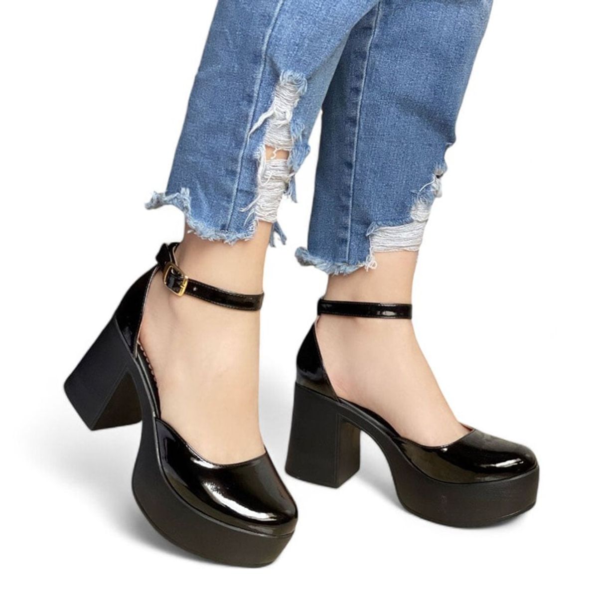 GENERICO - Tacon Mujer Con Tira Tobillo Taco 9 Charol 1177 5C-65 Color Negro