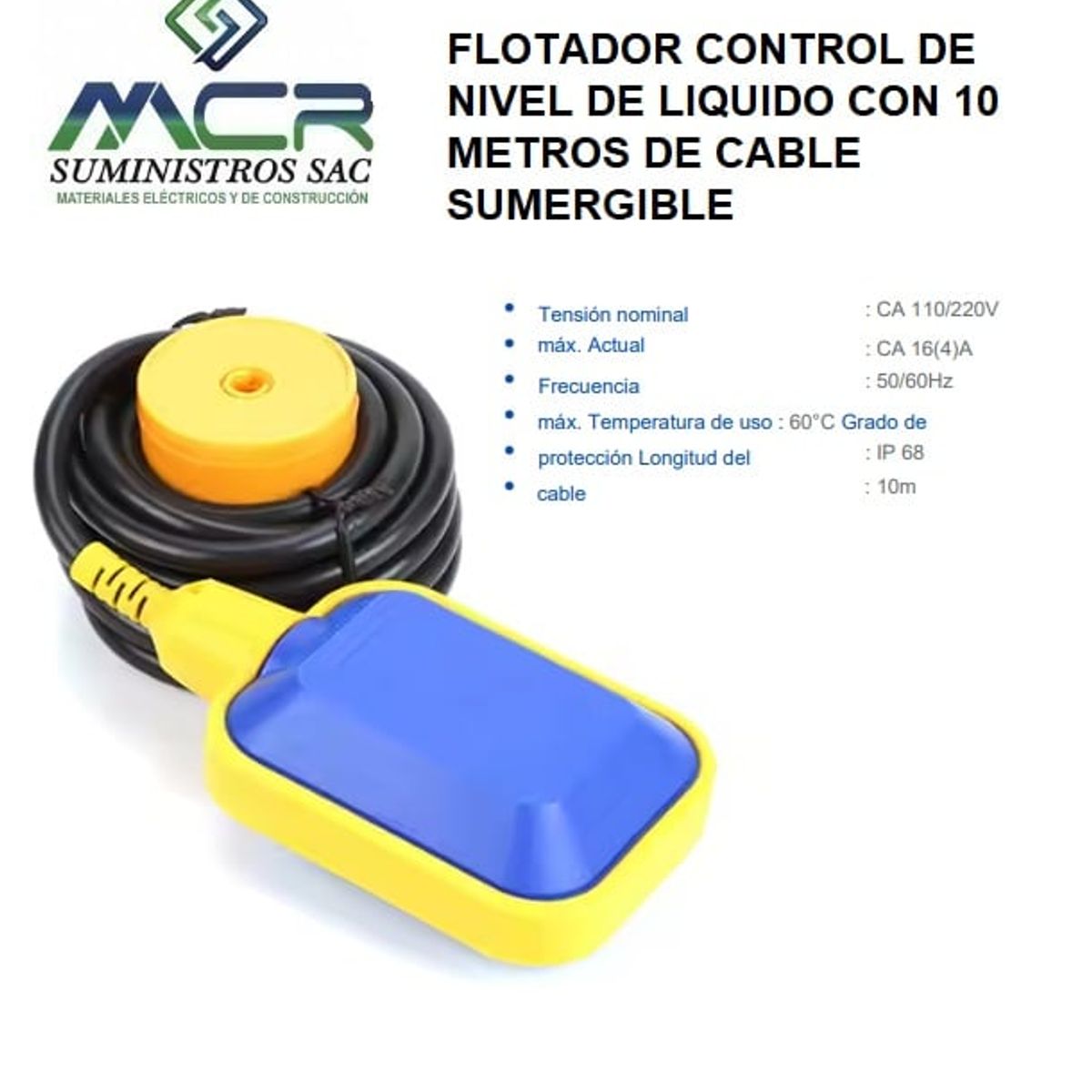 GENERICO - FLOTADOR CONTROL DE NIVEL DE LIQUIDO CON 10 METRO DE CABLE SUMERGIBLE