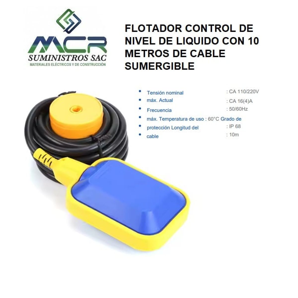 GENERICO - FLOTADOR CONTROL DE NIVEL DE LIQUIDO CON 10 METRO DE CABLE SUMERGIBLE
