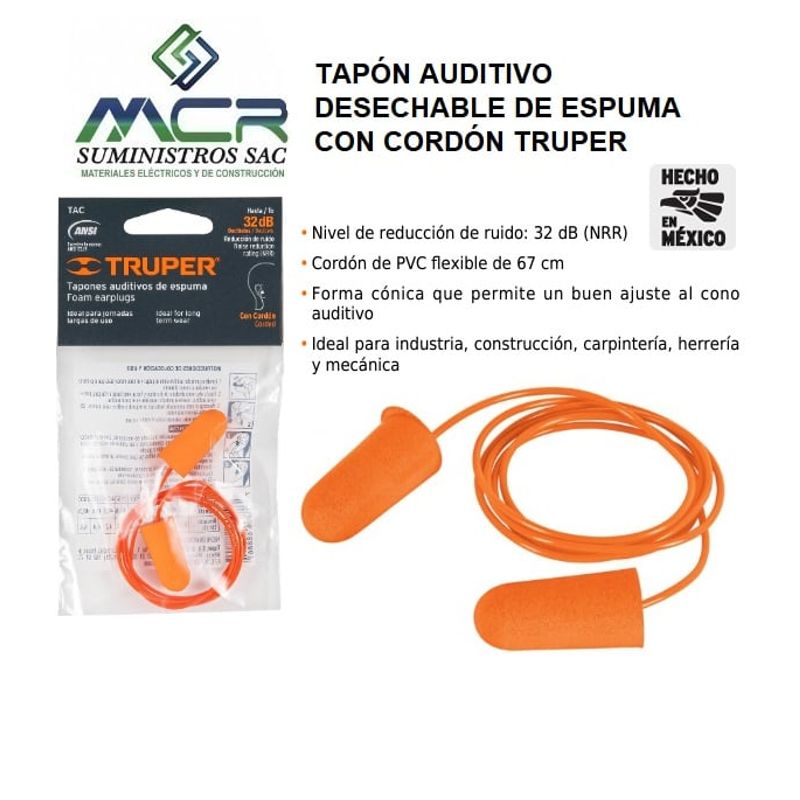 TRUPER - TAPÓN AUDITIVO DESECHABLE DE ESPUMA Y CON CORDÓN TRUPER