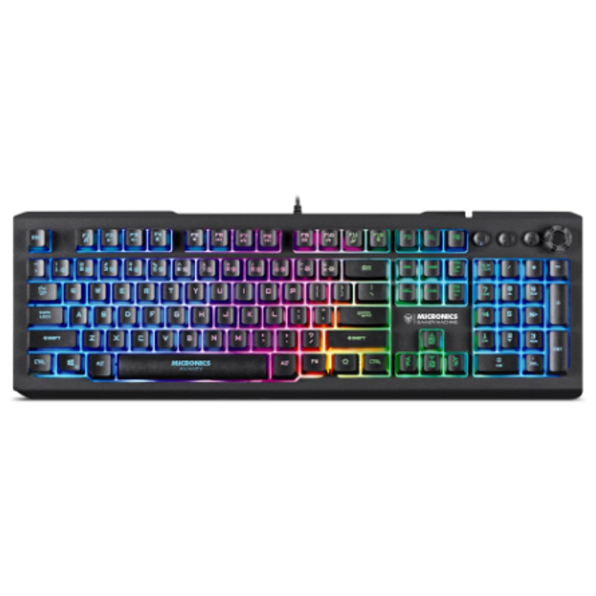 MICRONICS - Teclado Multimedia Gamer Con Perilla y Botones de Atajos Rápidos RGB