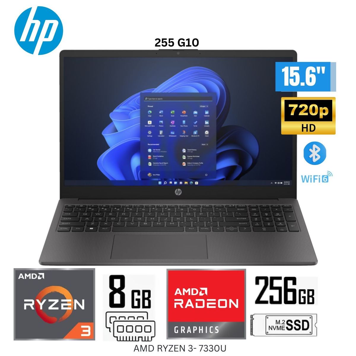 HP - Laptop HP 255 G10 AMD Ryzen 3 -7330U 8GB RAM 256GB SSD 15.6" HD Windows 81U53LT  - Negro