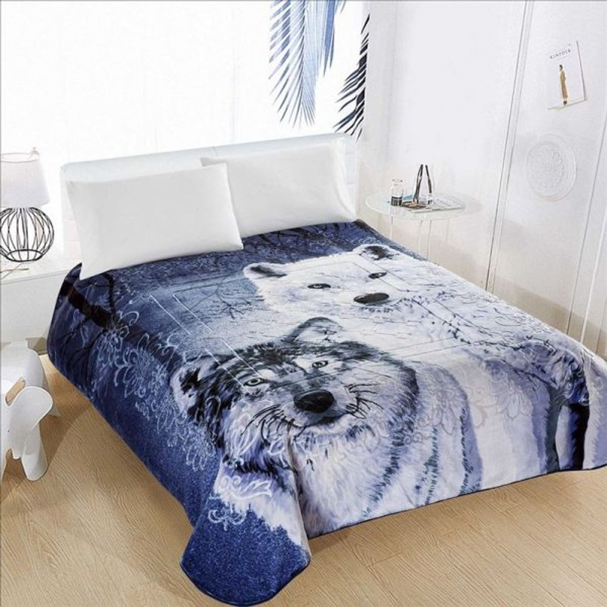 TRUELOVE - Frazada Terciopelo con Sherpa Truelove Diseño Lobo de 2 plazas