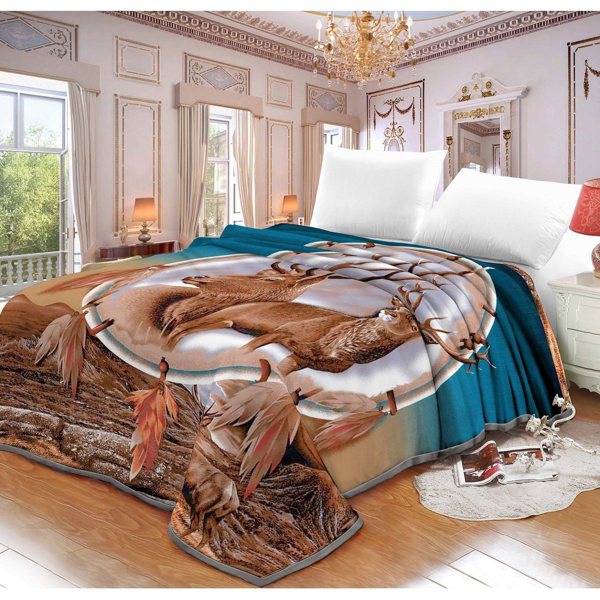 TRUELOVE - Frazada Terciopelo con Sherpa Truelove Diseño Reno Venado de 2 plazas