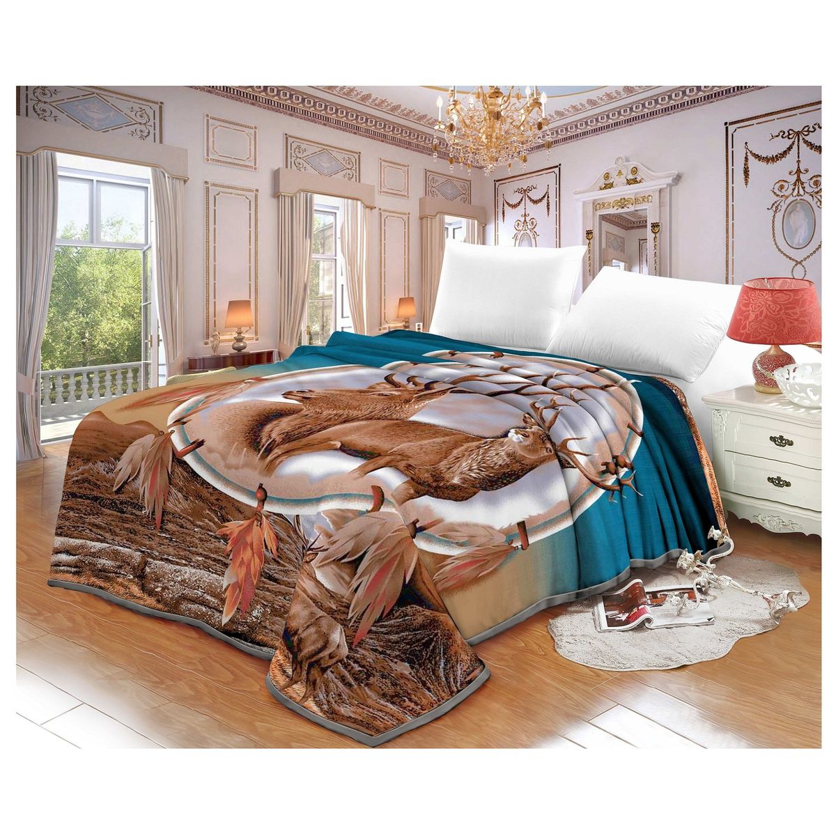 TRUELOVE - Frazada Terciopelo con Sherpa Truelove Diseño Reno Venado de 2 plazas