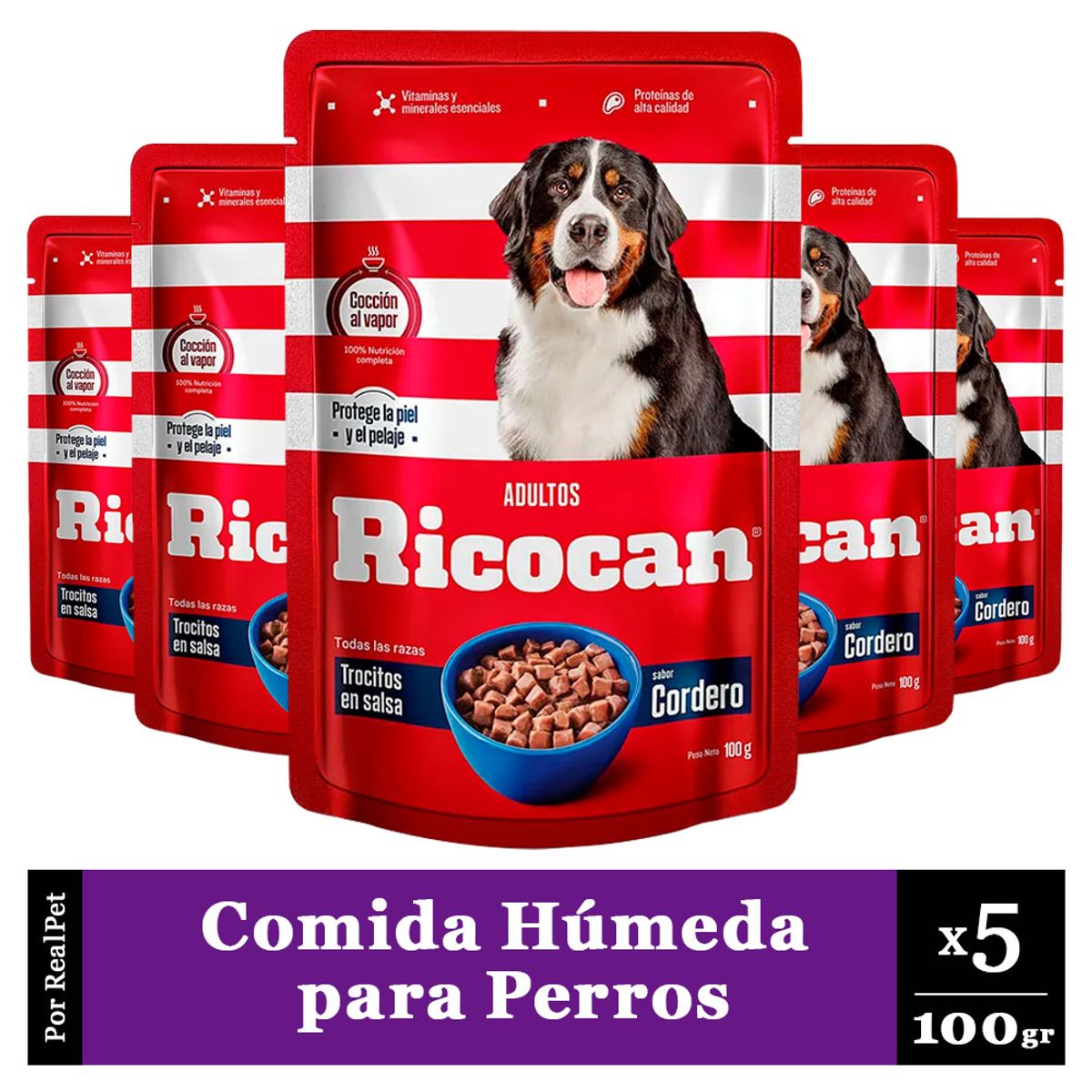 GENERICO - Pack x5 Comida Húmeda Perro Ricocan Trocitos Cordero 100gr