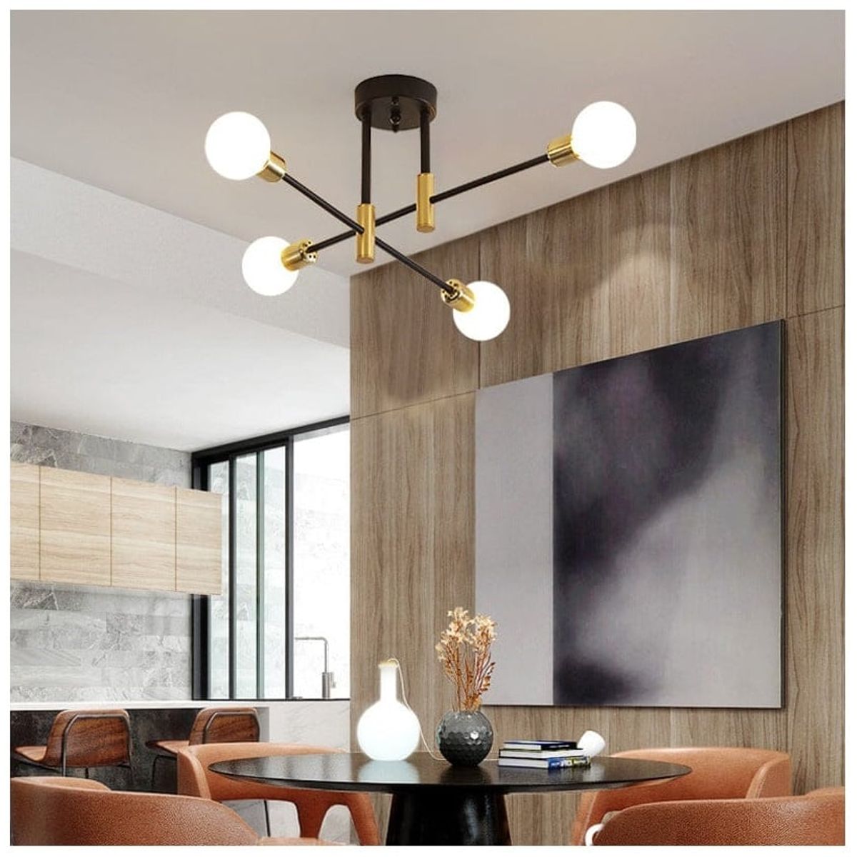 GENERICO - Lámpara araña negro y dorado Incluye 4 bombillas de 3 tonos de luz