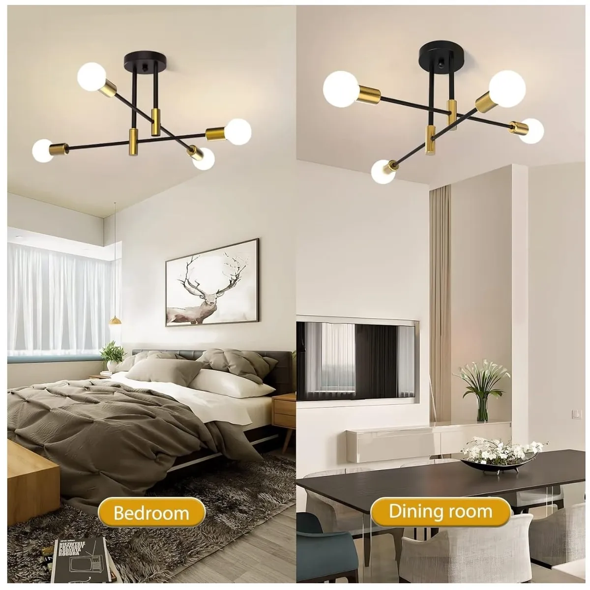 GENERICO - Lámpara araña negro y dorado Incluye 4 bombillas de 3 tonos de luz