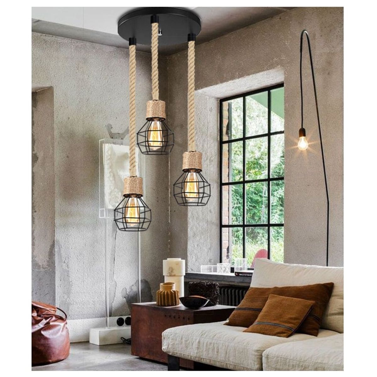 GENERICO - Lámpara colgante de cuerda de cáñamo de hierro Vintage incluyen focos