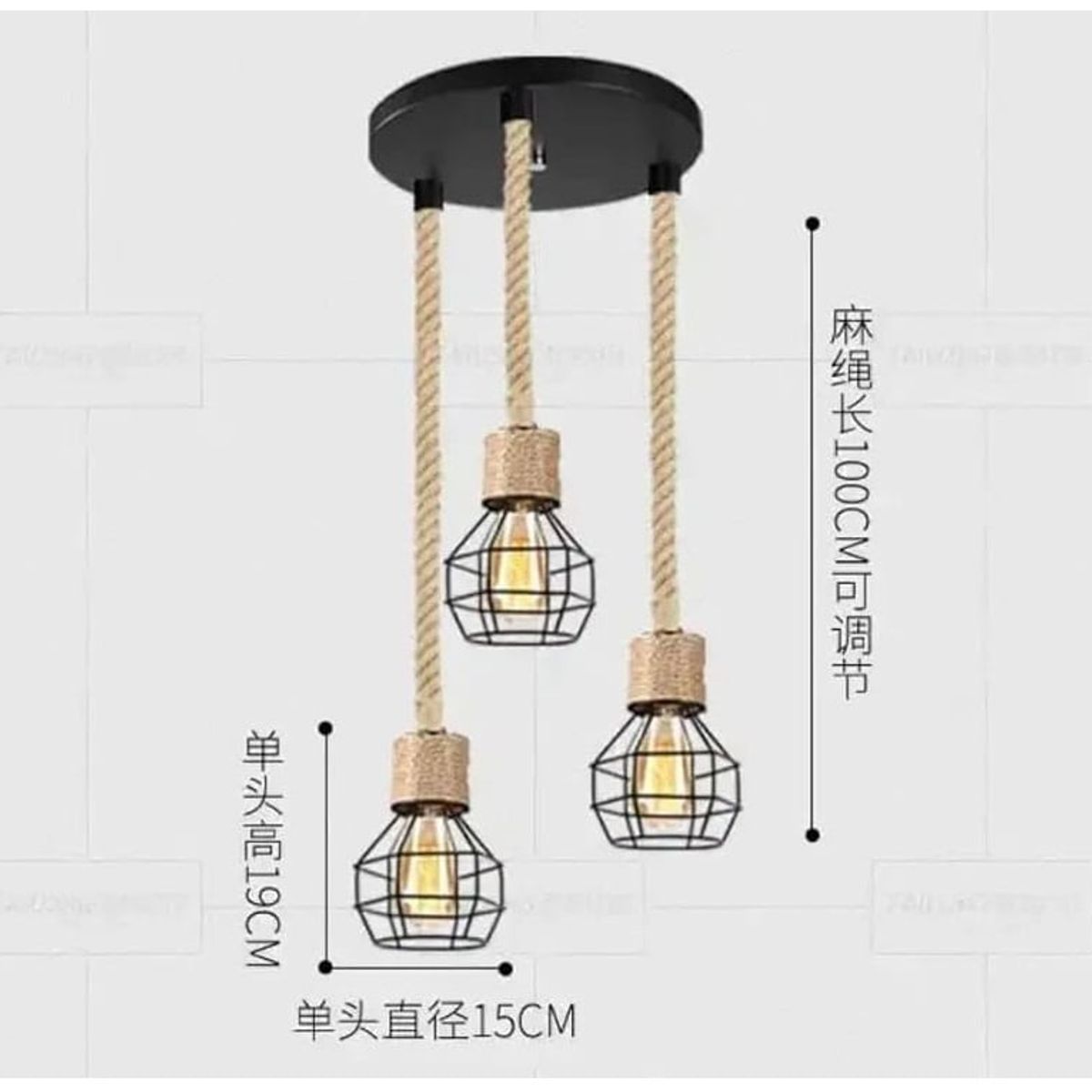 GENERICO - Lámpara colgante de cuerda de cáñamo de hierro Vintage incluyen focos