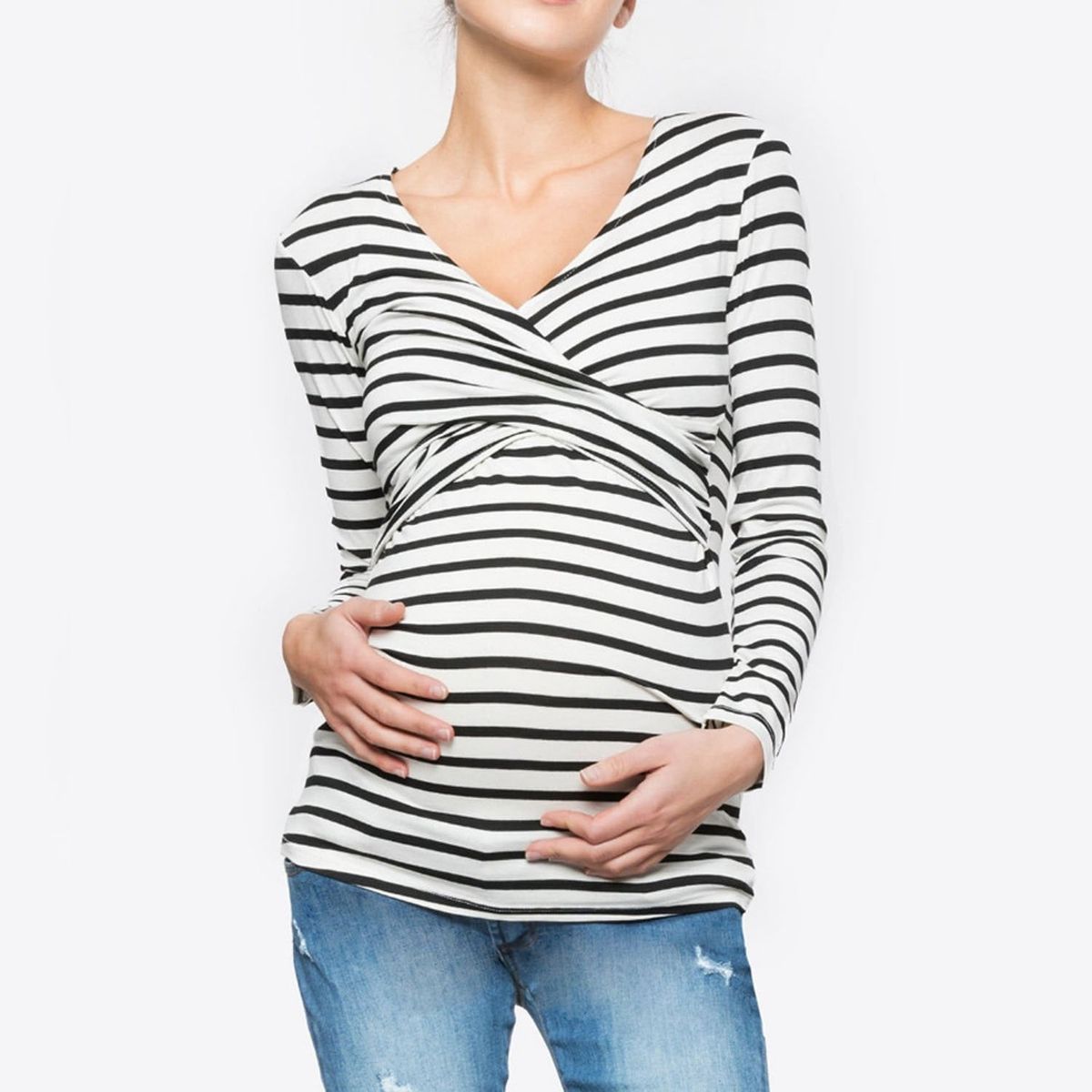 DENISASAA - Camiseta de lactancia posparto a rayas de manga larga con cuello en V
