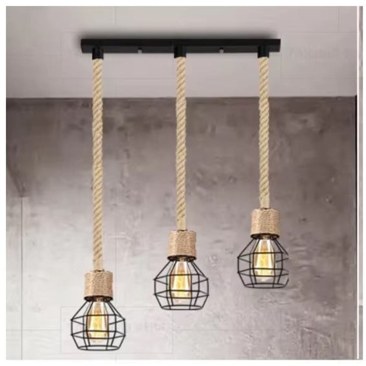 GENERICO - Lámpara colgante de cuerda de cáñamo de hierro Vintage incluyen focos