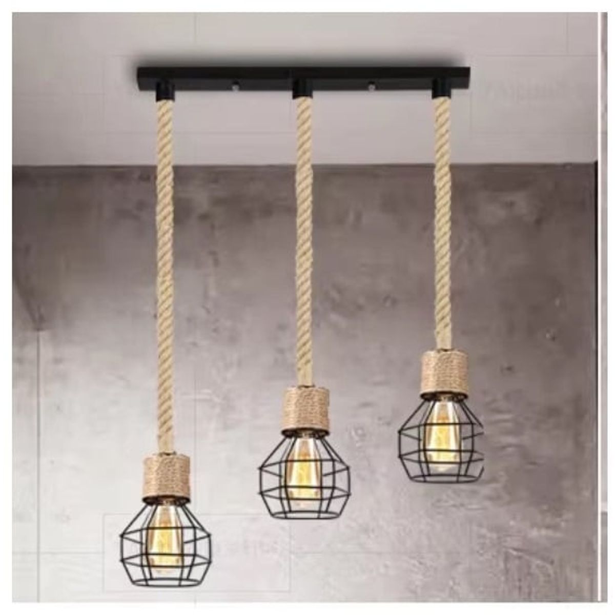 GENERICO - Lámpara colgante de cuerda de cáñamo de hierro Vintage incluyen focos