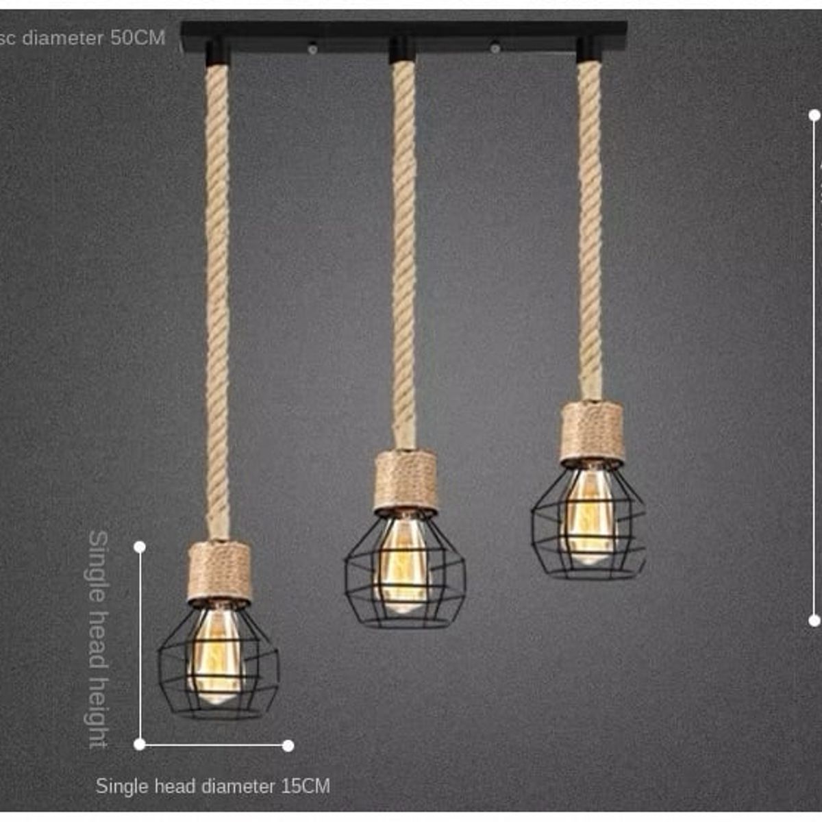 GENERICO - Lámpara colgante de cuerda de cáñamo de hierro Vintage incluyen focos