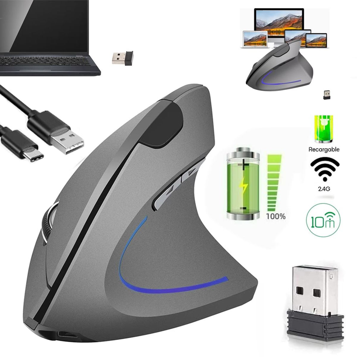 GENERICO - Mouse Vertical Inalambrico Ergonómico Usb recargable plata 24GHz