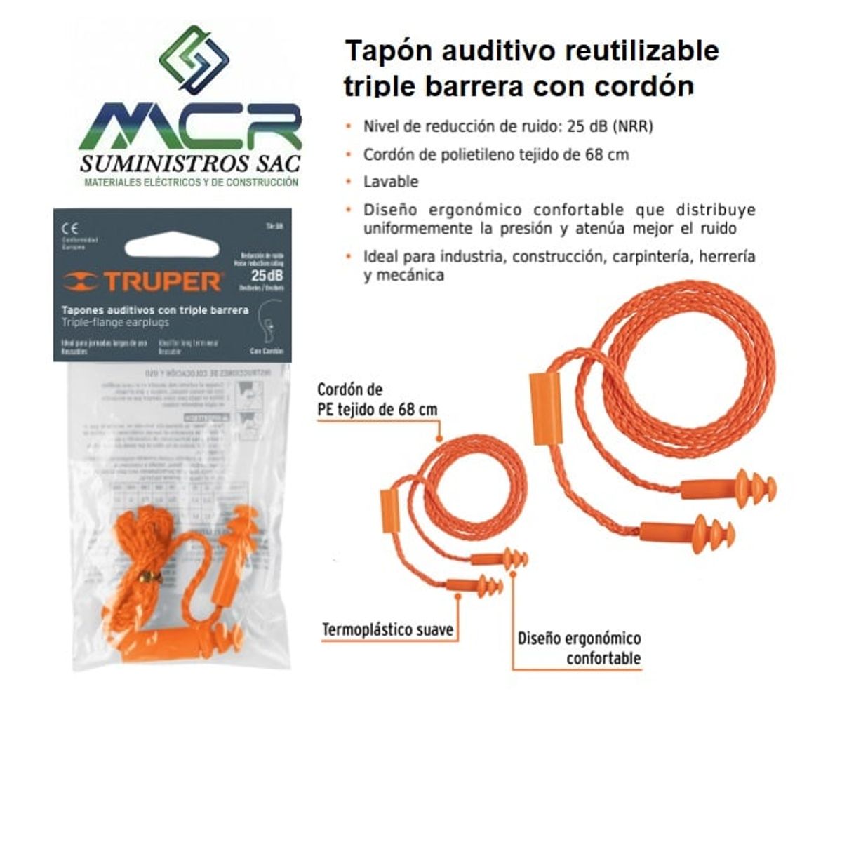 TRUPER - Tapón auditivo reutilizable triple barrera con cordón x 5 paquetes