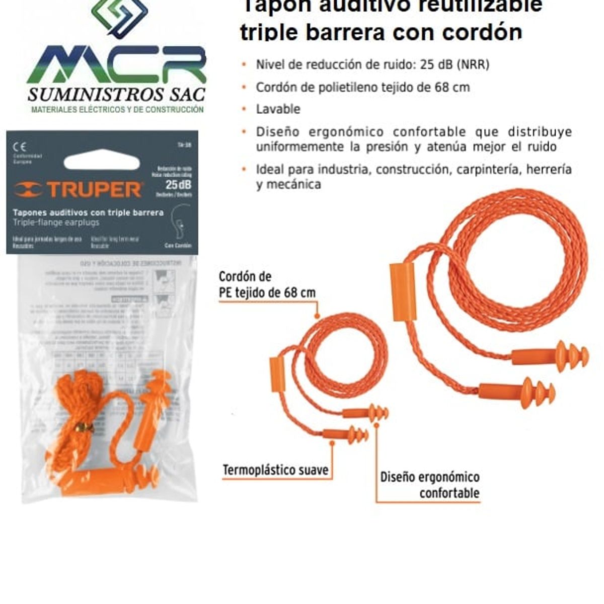 TRUPER - Tapón auditivo reutilizable triple barrera con cordón