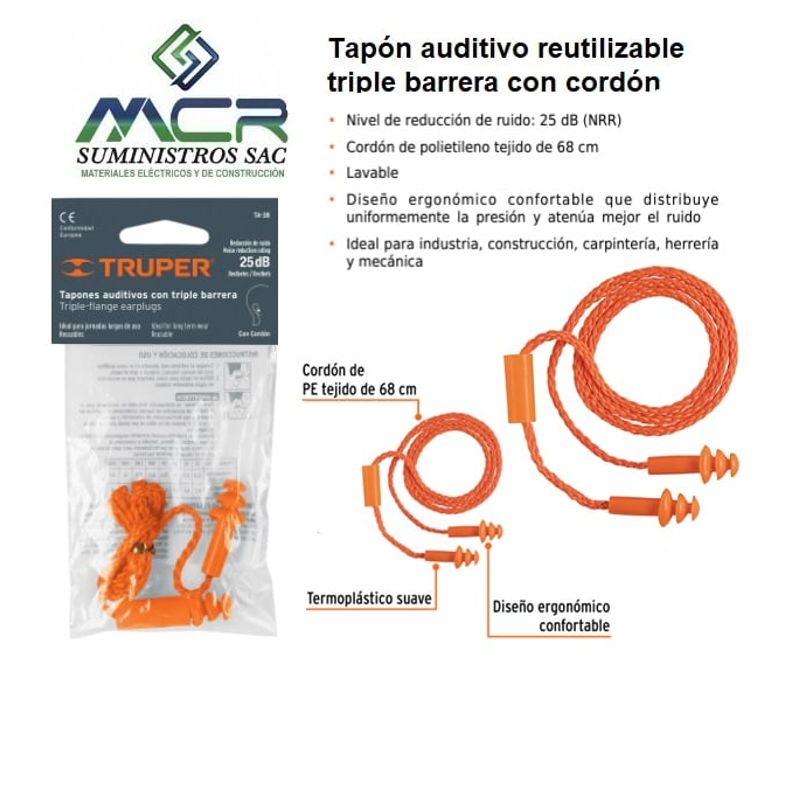 TRUPER - Tapón auditivo reutilizable triple barrera con cordón