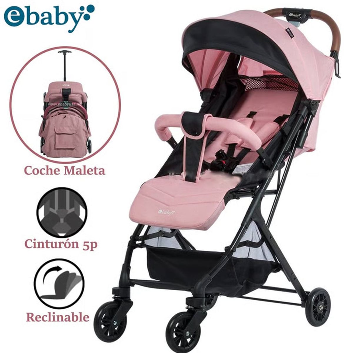 BABY KITS - Coche Maleta Ebaby Respaldar Reclinable Kalan Rosado
