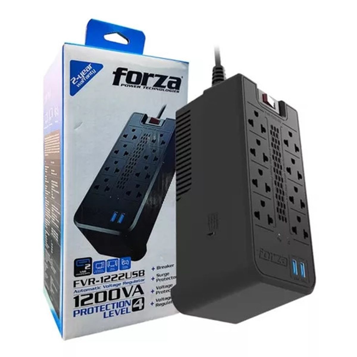 FORZA POWER TECHNOLOGIES - Estabilizador Forza de 1200VA/600W 8 Tomas FVR-1222USB