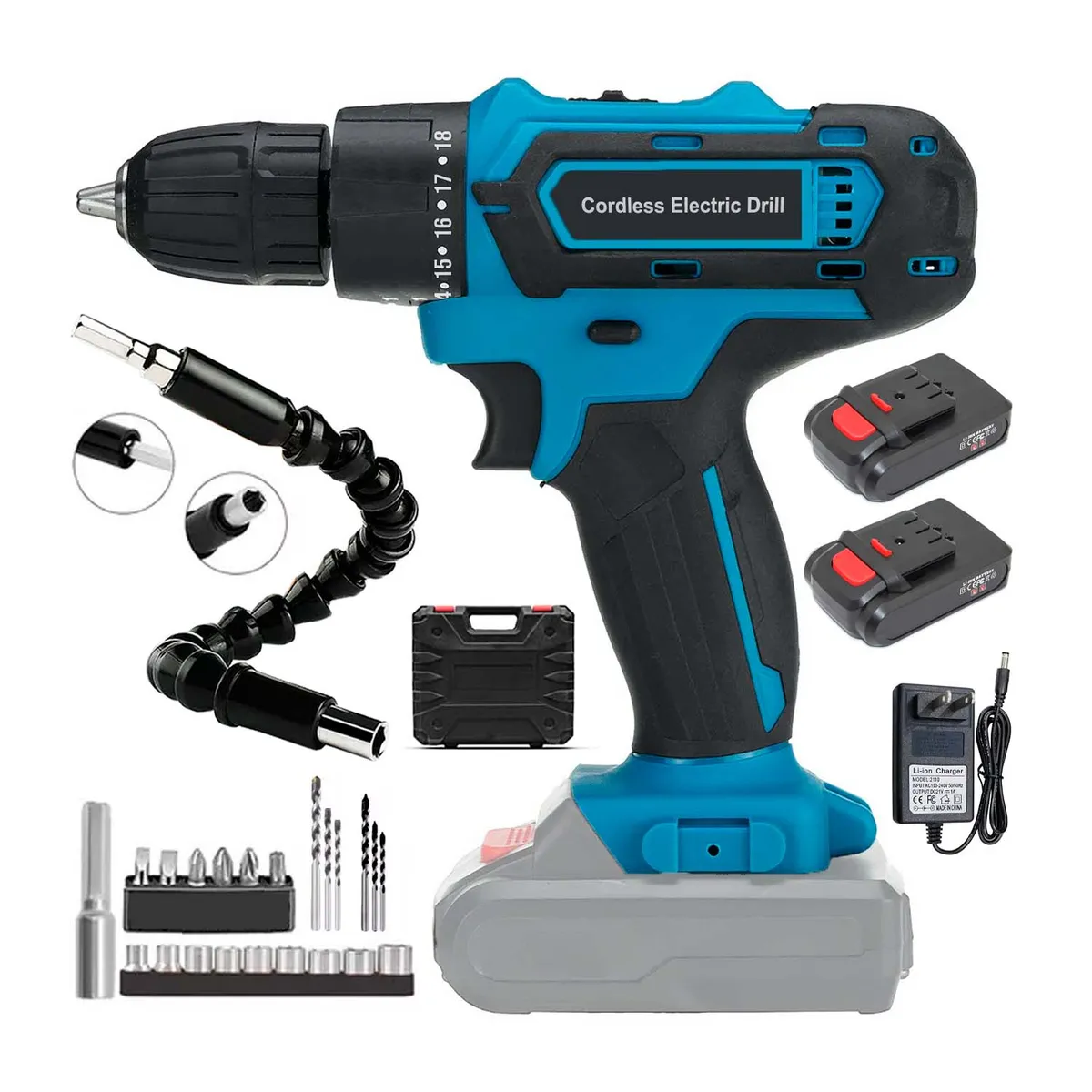 IMPORTADO MC - TALADRO ATORNILLADOR 21V INALÁMBRICO 24 ACCESORIOS 2 BATERIA - TBLUE