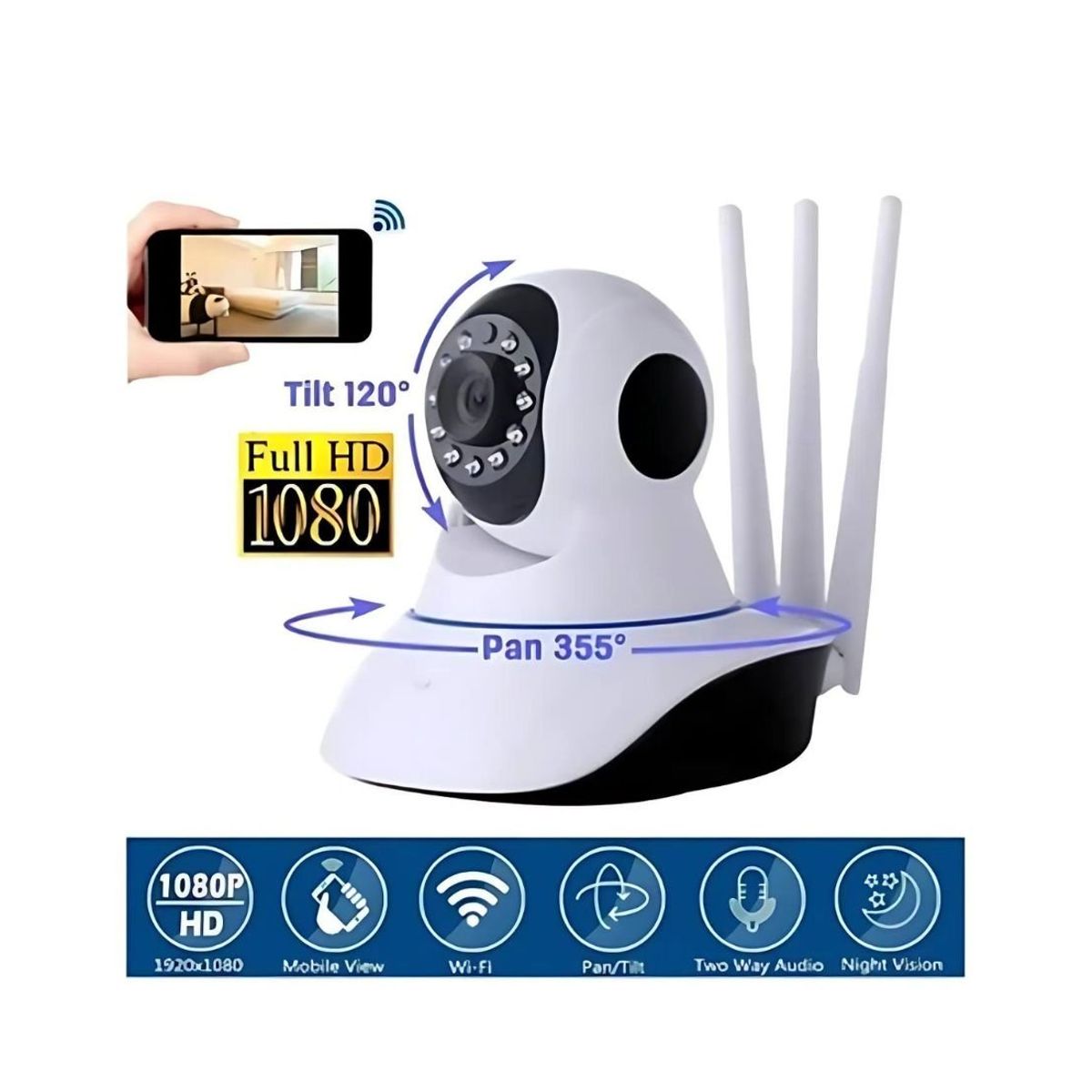 CAFINI - Cámara Ip Inalámbrica Wifi Robotica 3 Antenas Full Hd 1080p CN CA1003