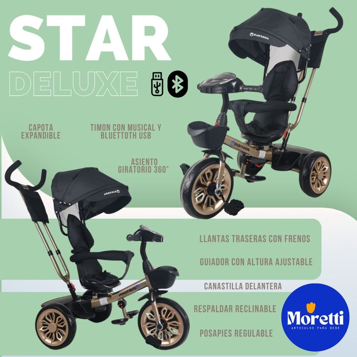 GENERICO - Triciclo Guiador STAR DELUXE USB Bluetooth - Negro